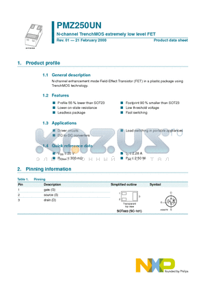 PMZ250UN datasheet - N-channel TrenchMOS extremely low level FET