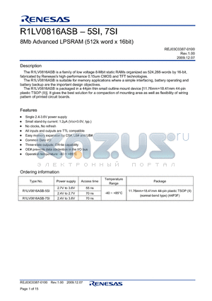 R1LV0816ASB-5SI datasheet - 8Mb Advanced LPSRAM (512k word x 16bit)