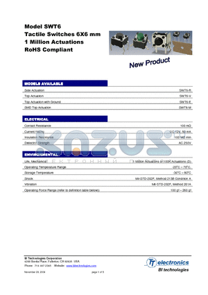 SWT6 datasheet - Tactile Switches 6X6 mm 1 Million Actuations RoHS Compliant