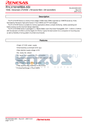 R1LV1616RBA-5SI datasheet - 16Mb Advanced LPSRAM (1M wordx16bit / 2M wordx8bit)