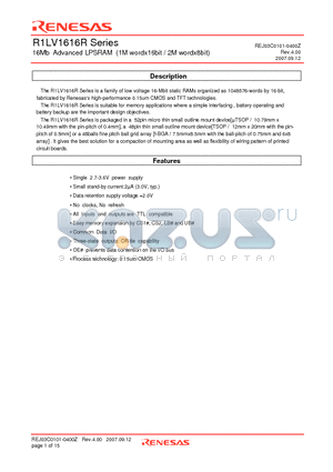 R1LV1616R datasheet - 16Mb Advanced LPSRAM (1M wordx16bit / 2M wordx8bit)