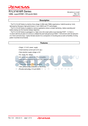 R1LV1616RBG-7SI datasheet - 16Mb superSRAM (1M wordx16bit)