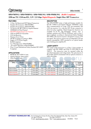 SPB-9705LWG datasheet - 1550 nm TX / 1310 nm RX , 3.3V / 2.5 Gbps Digital Diagnostic Single-Fiber SFP Transceiver