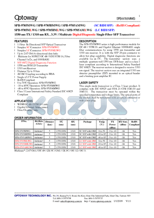 SPB-9705MLWG datasheet - 1550 nm TX / 1310 nm RX , 3.3V /Multirate Digital Diagnostic Single-Fiber SFP Transceiver