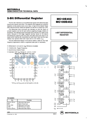 MC10E452 datasheet - 5-BIT DIFFERENTIAL REGISTER