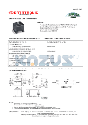 SM535-1 datasheet - ADSL Line Transformers
