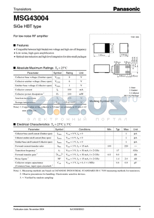 MSG43004 datasheet - SiGe HBT type For low-noise RF amplifier