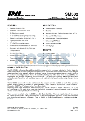 SM532 datasheet - Low EMI Spectrum Spread Clock