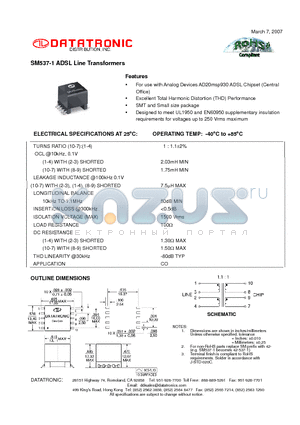 SM537-1 datasheet - ADSL Line Transformers