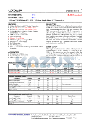 SPB-97120-1590G datasheet - 1590 nm TX / 1510 nm RX , 3.3V / 2.5 Gbps Single-Fiber SFP Transceiver