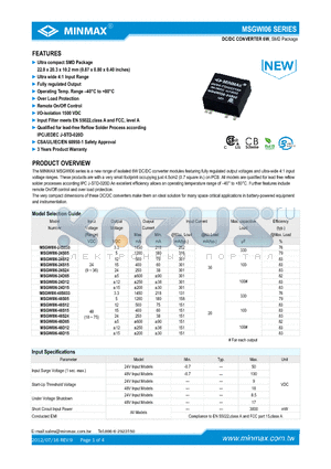 MSGWI06-24S05 datasheet - DC/DC CONVERTER 6W, Ultra compact SMD Package