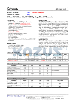 SPB-97120L-1510G datasheet - 1510 nm TX / 1590 nm RX , 3.3V / 2.5 Gbps Single-Fiber SFP Transceiver