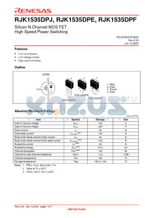 RJK1535DPF datasheet - Silicon N Channel MOS FET High Speed Power Switching