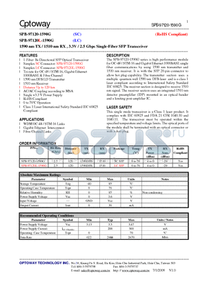 SPB-97120L-1590G datasheet - 1590 nm TX / 1510 nm RX , 3.3V / 2.5 Gbps Single-Fiber SFP Transceiver