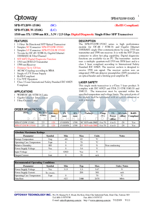 SPB-97120LW-1510G datasheet - 1510 nm TX / 1590 nm RX , 3.3V / 2.5 Gbps Digital Diagnostic Single-Fiber SFP Transceiver