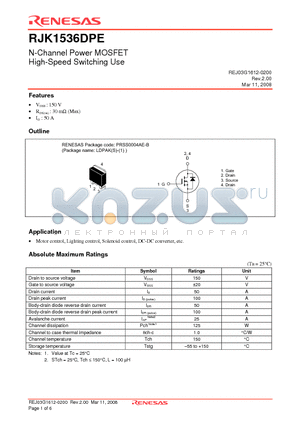 RJK1536DPE-00-J3 datasheet - N-Channel Power MOSFET High-Speed Switching Use