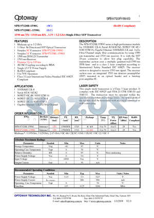 SPB-97120R-1590G datasheet - 1590 nm TX / 1510 nm RX , 3.3V / 3.2 Gb/s Single-Fiber SFP Transceiver