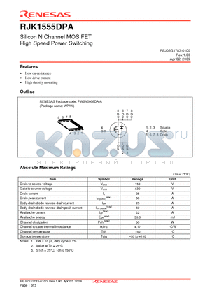 RJK1555DPA datasheet - Silicon N Channel MOS FET High Speed Power Switching