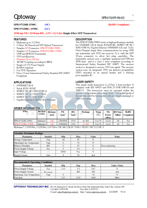 SPB-97120RL-1590G datasheet - 1590 nm TX / 1510 nm RX , 3.3V / 3.2 Gb/s Single-Fiber SFP Transceiver