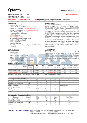 SPB-97120RLW-1510G datasheet - 1510 nm TX / 1590 nm RX , 3.3V / 3.2 Gb/s Digital Diagnostic Single-Fiber SFP Transceiver