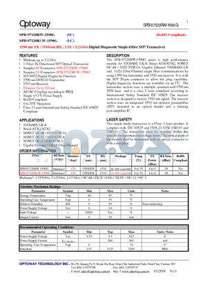SPB-97120RW-1590G datasheet - 1590 nm TX / 1510 nm RX , 3.3V / 3.2 Gb/s Digital Diagnostic Single-Fiber SFP Transceiver