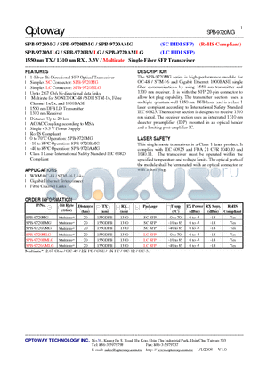 SPB-9720AMG datasheet - 1550 nm TX / 1310 nm RX , 3.3V / Multirate Single-Fiber SFP Transceiver