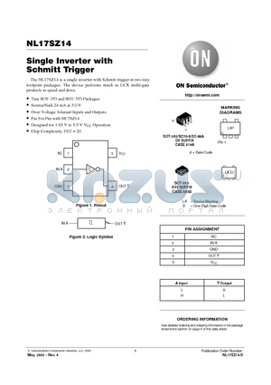 NL17SZ14 datasheet - Single Inverter with Schmitt Trigger