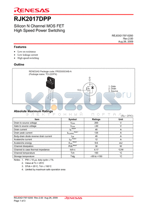 RJK2017DPP-00-T2 datasheet - Silicon N Channel MOS FET High Speed Power Switching