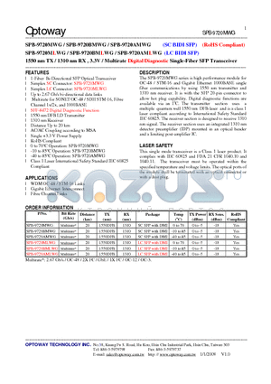 SPB-9720BMWG datasheet - 1550 nm TX / 1310 nm RX , 3.3V /Multirate Digital Diagnostic Single-Fiber SFP Transceiver