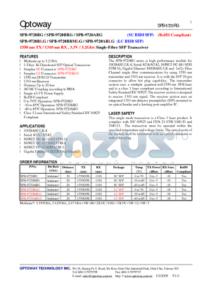 SPB-9720BRLG datasheet - 1550 nm TX / 1310 nm RX , 3.3V / 3.2Gb/s Single-Fiber SFP Transceiver