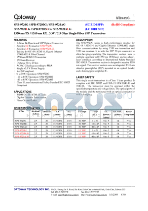 SPB-9720G datasheet - 1550 nm TX / 1310 nm RX , 3.3V / 2.5 Gbps Single-Fiber SFP Transceiver