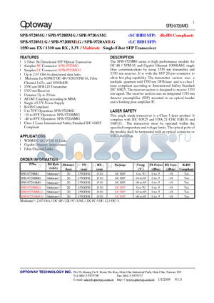 SPB-9720MLG datasheet - 1550 nm TX / 1310 nm RX , 3.3V / Multirate Single-Fiber SFP Transceiver