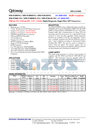 SPB-9720RWG datasheet - 1550 nm TX / 1310 nm RX , 3.3V / 3.2Gb/s Digital Diagnostic Single-Fiber SFP Transceiver