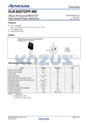 RJK4007DPP-M0 datasheet - Silicon N Channel MOS FET High Speed Power Switching