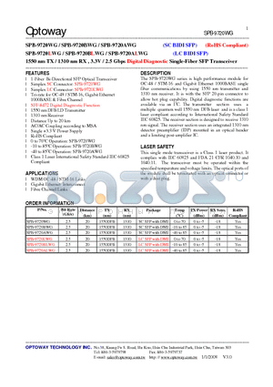 SPB-9720WG datasheet - 1550 nm TX / 1310 nm RX , 3.3V / 2.5 Gbps Digital Diagnostic Single-Fiber SFP Transceiver