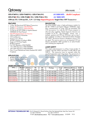 SPB-9740AWG datasheet - 1550 nm TX / 1310 nm RX , 3.3V / 2.5 Gbps Digital Diagnostic Single-Fiber SFP Transceiver