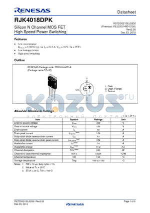 RJK4018DPK-00-T0 datasheet - Silicon N Channel MOS FET High Speed Power Switching