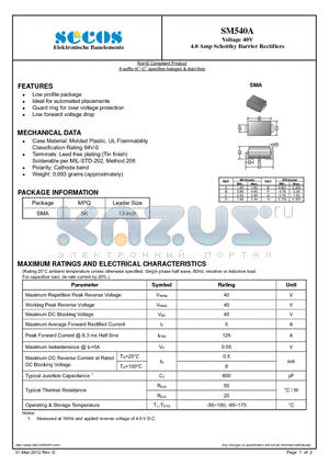 SM540A datasheet - Voltage 40V 4.0 Amp Schottky Barrier Rectifiers