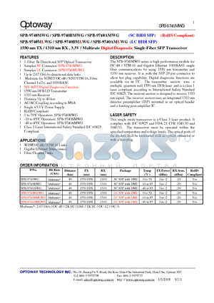 SPB-9740AWG datasheet - 1550 nm TX / 1310 nm RX , 3.3V /Multirate Digital Diagnostic Single-Fiber SFP Transceiver
