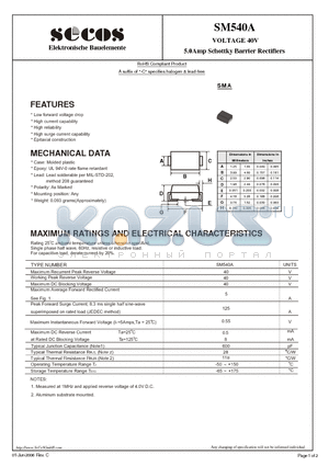 SM540A datasheet - 5.0Amp Schottky Barrier Rectifiers