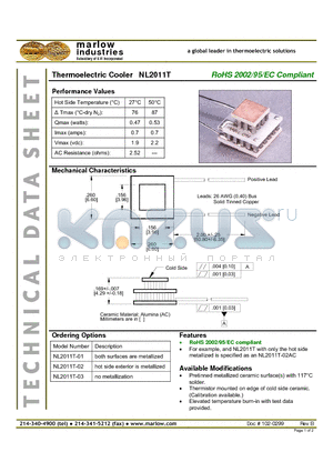 NL2011T-02 datasheet - Thermoelectric Cooler
