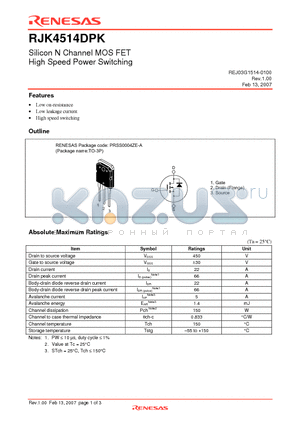 RJK4514DPK datasheet - Silicon N Channel MOS FET High Speed Power Switching