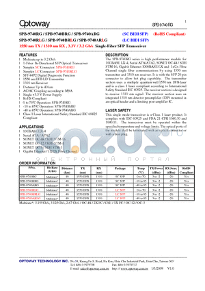 SPB-9740BRLG datasheet - 1550 nm TX / 1310 nm RX , 3.3V / 3.2 Gb/s Single-Fiber SFP Transceiver