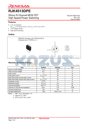 RJK4513DPE datasheet - Silicon N Channel MOS FET High Speed Power Switching