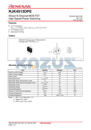 RJK4513DPE-00-J3 datasheet - Silicon N Channel MOS FET High Speed Power Switching