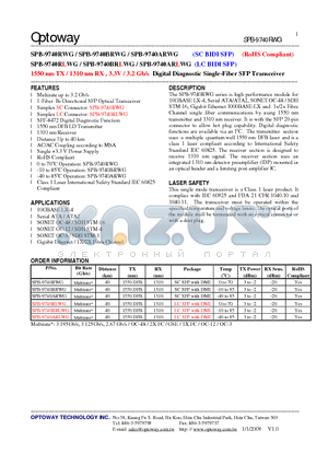 SPB-9740BRWG datasheet - 1550 nm TX / 1310 nm RX , 3.3V / 3.2 Gb/s Digital Diagnostic Single-Fiber SFP Transceiver