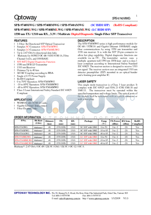 SPB-9740BWG datasheet - 1550 nm TX / 1310 nm RX , 3.3V /Multirate Digital Diagnostic Single-Fiber SFP Transceiver