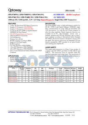 SPB-9740LWG datasheet - 1550 nm TX / 1310 nm RX , 3.3V / 2.5 Gbps Digital Diagnostic Single-Fiber SFP Transceiver