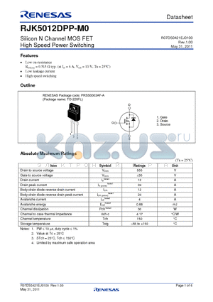 RJK5012DPP-M0 datasheet - Silicon N Channel MOS FET High Speed Power Switching