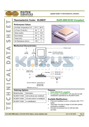NL2063T datasheet - Thermoelectric Cooler